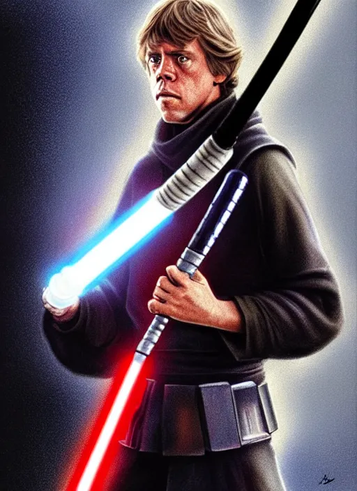 Image similar to Luke Skywalker using a baseball bat instead of a Lightsaber in star wars, highly detailed, digital painting, artstation, concept art, sharp focus, illustration, cinematic lighting, art by artgerm and greg rutkowski and alphonse mucha diffuse lighting, fantasy, intricate, elegant, highly detailed, lifelike, photorealistic, digital painting, artstation, illustration, concept art, smooth, sharp focus, art by John Collier and Albert Aublet and Krenz Cushart and Artem Demura and Alphonse Mucha