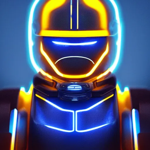 Image similar to portrait photo of a robot bear as a jedi, blue and yellow lighting, dark, cinematic, high quality, 4 k