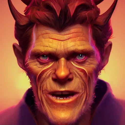 Prompt: Portrait of Willem Dafoe as the Devil, red skin, horns under his cheek, mattepainting concept Blizzard pixar maya engine on stylized background splash comics global illumination lighting artstation lois van baarle, ilya kuvshinov, rossdraws