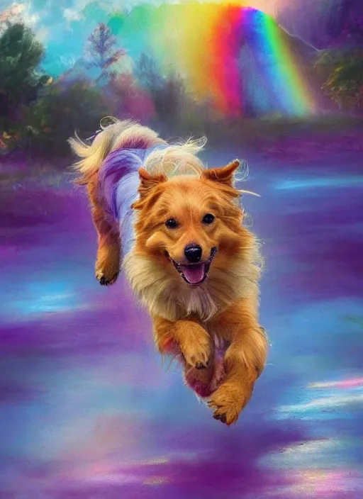 Prompt: a singular beautiful smiling dog running happily towards its owner, ethereal heavenly rainbow bridge in the background behind the dog, tall golden heavenly gates, amazing, stunning artwork, featured on artstation, cgosciety, behance