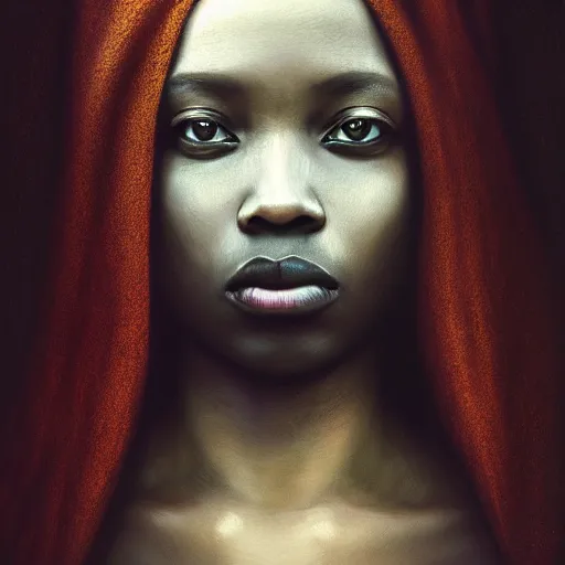 Image similar to a portrait of a young black woman wearing a long dark cloak, hood and shadows covering face, anatomically correct, beautiful perfect face, enigmatic, oil painting, matte painting, black background, Volumetric dynamic lighting, Highly Detailed, Cinematic Lighting, Unreal Engine, 8k, HD, by Beksinski