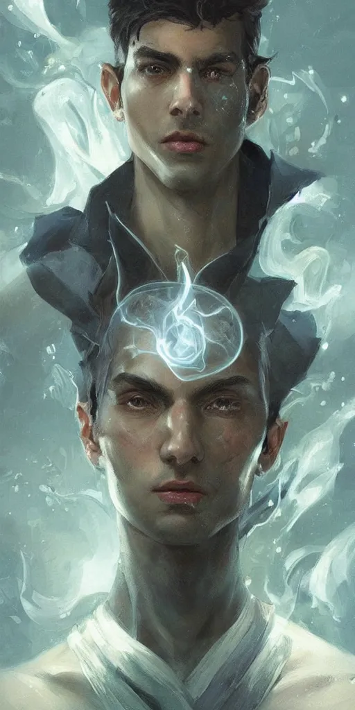 Image similar to a professional painting of a handsome young wizard olive skin, buzzed short dark hair, beautiful bone structure, symmetrical facial features, casting an evil spell, a floating glowing spellbook, , intricate, elegant, digital painting, concept art, smooth, sharp focus, illustration, from Metal Gear, by Ruan Jia and Mandy Jurgens and Artgerm and William-Adolphe Bouguereau