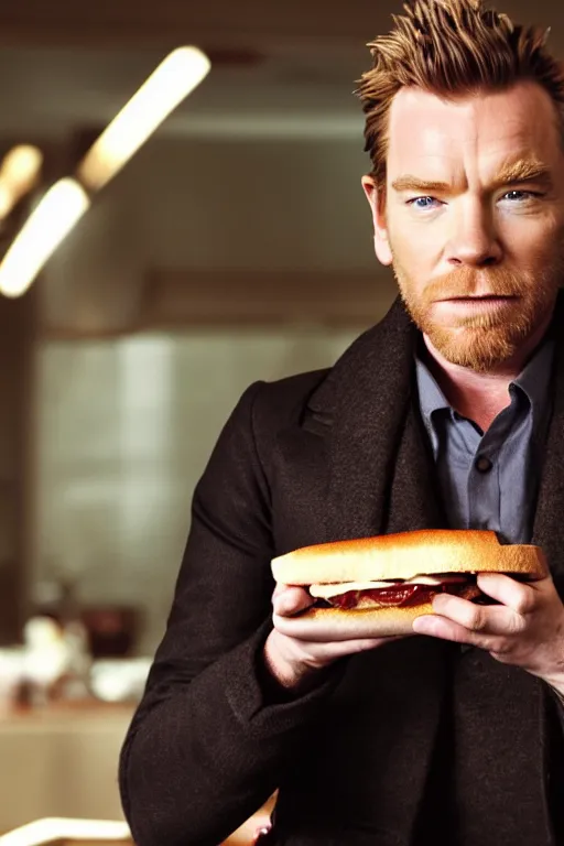 Prompt: A cinematic photo of Ewan McGregor eating sandwich