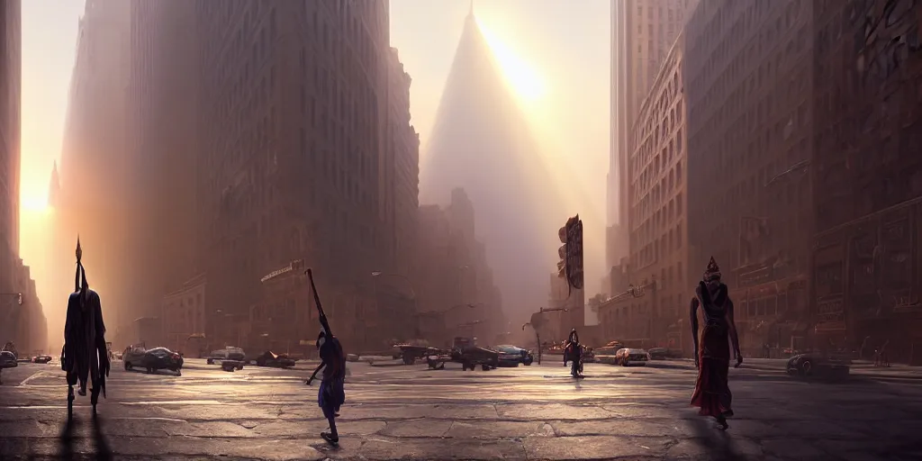 Image similar to an egyptian god walking the streets of new york, god rays, digital art, landscape, fantasy art, octane render, unreal engine, high detail, very realistic, by greg rutkowski. by james gurney