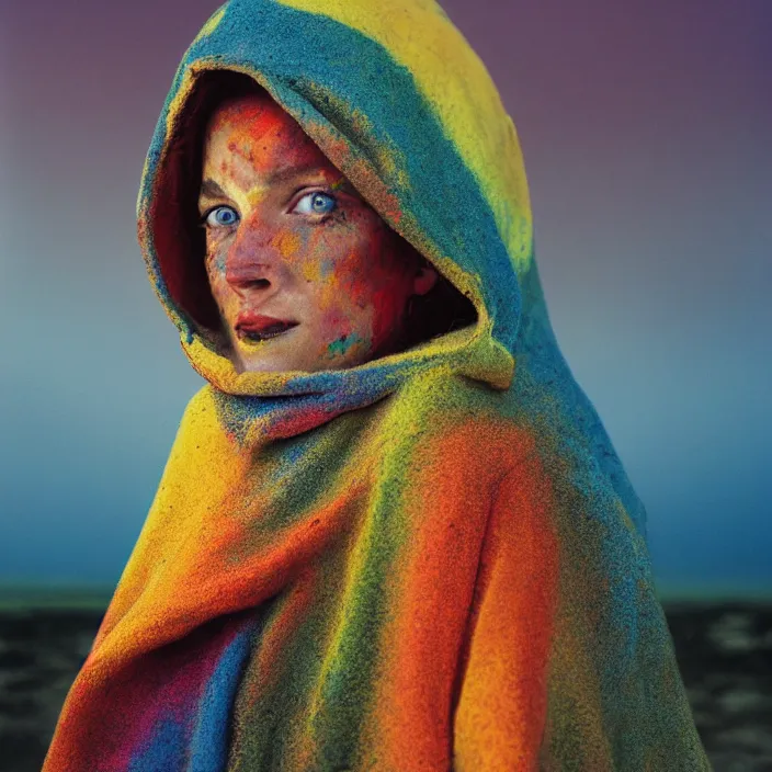 Prompt: closeup portrait of a woman with a hood made of rainbows and mud, standing in an apocalyptic landscape, by Annie Leibovitz and Steve McCurry, natural light, detailed face, CANON Eos C300, ƒ1.8, 35mm, 8K, medium-format print