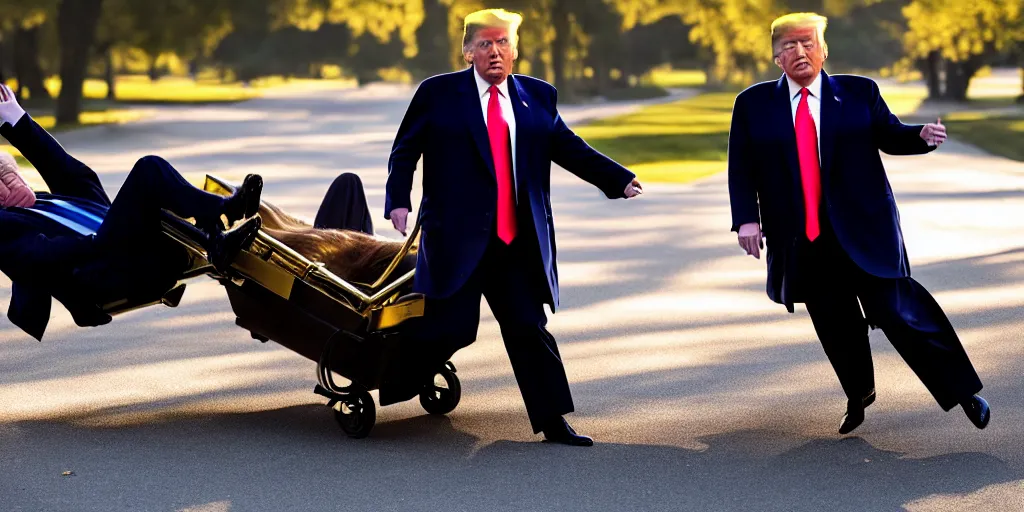 Image similar to Donald trump falls off of a trolly, caught in 4K, golden hour