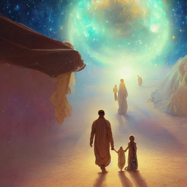 Image similar to bedouin man and woman and child in galaxy walking towards mosque surrounded by nebula, highly detailed, gold filigree, romantic storybook fantasy, soft cinematic lighting, award, disney concept art watercolor illustration by mandy jurgens and alphonse mucha and alena aenami, pastel color palette, featured on artstation