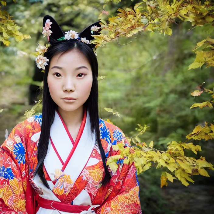 Prompt: portrait photograph of an extremely beautiful!!!! young Asian female , symmetric face!, symmetric round detailed eyes!!, slight smile, natural light, wearing a flower kimono!! with a very detailed fox!! behind her shoulder in front of a hot spring. looking at the camera!!. golden crown made of golden leaves. super resolution. Artgerm, Ralph mucha, Extremely detailed. Graflex camera!, bokeh!!!!! trending on artstation.