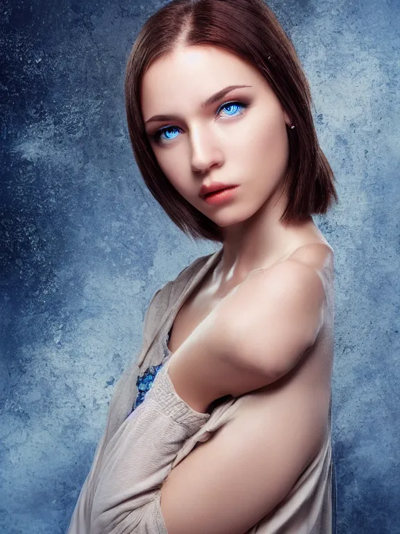 Image similar to hyperdetailed photo of a beautiful ukrainian girl with brown eyes and dark bob hairstyle, winds of winter, au naturel, blue eyes, cinematic lighting, studio quality