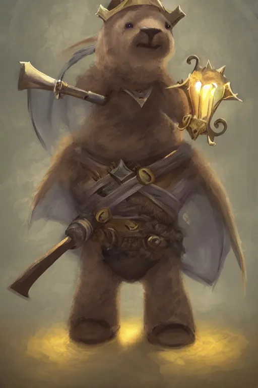 Image similar to cute anthropomorphic Capybara knight wearing a cape and a crown, tiny, small, miniature bear, baby animal, short, pale blue armor, cute and adorable, pretty, beautiful, DnD character art portrait, matte fantasy painting, DeviantArt Artstation, by Jason Felix by Steve Argyle by Tyler Jacobson by Peter Mohrbacher, cinematic lighting