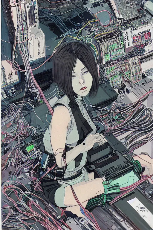 Prompt: an hyper-detailed cyberpunk illustration of a bob cut female android seated on the floor in a tech labor, seen from the side with her body open showing cables and wires coming out, by masamune shirow, and katsuhiro otomo, japan, 1980s, centered, colorful