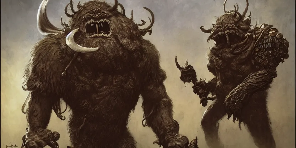 Image similar to quarter length portrait of a bugbear, d & d, fantasy, greg rutkowski, frank frazetta, alexandre chaudret, boris vallejo, michael whelan, miro petrov, hr giger, magali villeneuve, donato giancola gediminas pranckevicius