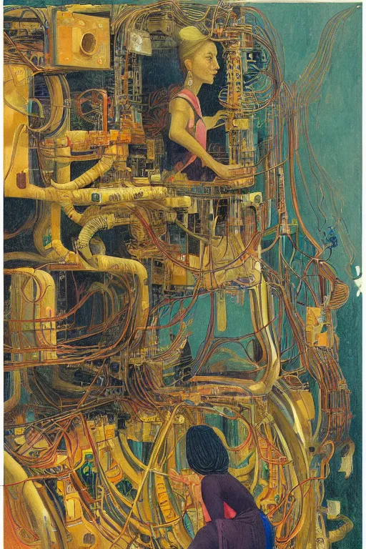 Image similar to realistic portrait of an engineer woman fixing the samsara cluster, fine portrait, concept art, stunning, in the style of brecht evens and jean delville