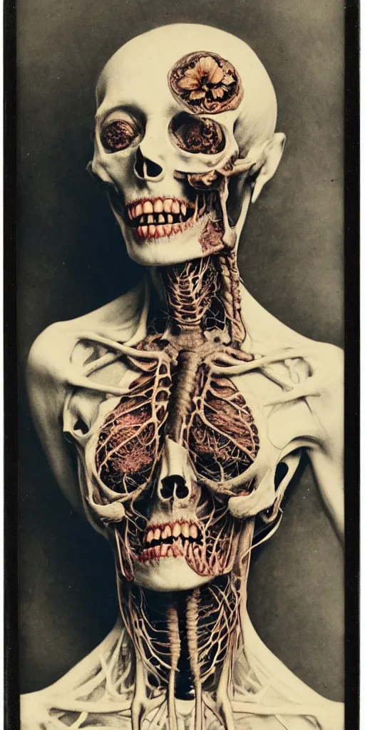 Image similar to an 1 9 1 0 polaroid photography of a very sad and detailed rotten woman corpse with fractal ornate growing around her face muscles, veins, arteries, bones, anatomical, skull, eye, ears, full body, intricate, surreal, ray caesar, john constable, guy denning, dan hillier, black and white