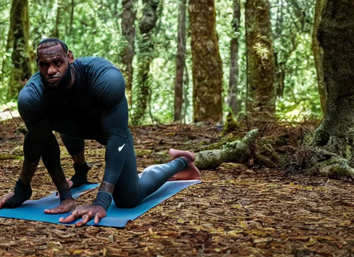 Image similar to lebron james doing yoga in the forest, film still in the new batman movie, 4 k