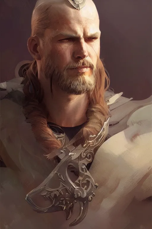 Image similar to male viking, intricate, elegant, highly detailed, digital painting, artstation, concept art, smooth, sharp focus, illustration, art by Krenz Cushart and greg rutkowski and Artem Demura and alphonse mucha