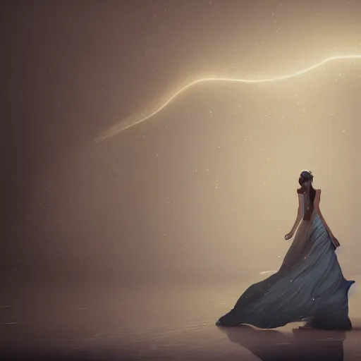 Image similar to A woman in a flowing dress floating in the air, volumetric dynamic lighting, highly detailed, cinematic lighting, unreal engine, 8k, By Imoko