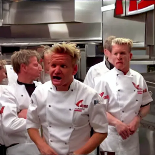 Prompt: gordon ramsay yelling at kfc employees in the kfc kitchen on kitchen nightmares. the employees are lined up and in their kfc uniforms.