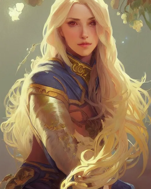 Image similar to '' Portrait of Beautiful blonde Slavic woman, league of legends, LOL, fantasy, d&d, digital painting, artstation, concept art, sharp focus, illustration, art by greg rutkowski and alphonse mucha ''