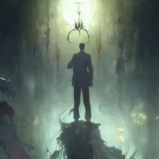 Image similar to a slender gentleman, cosmic horror setting, character portrait by greg rutkowski, gaston bussiere, craig mullins