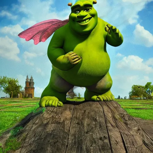 Image similar to giant shrek with wings, thunderstorm, swamp, realism, flying fairies, hot summer chill