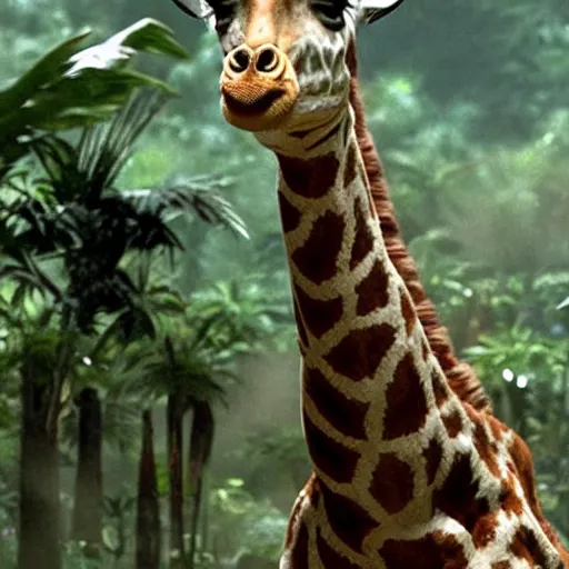 Prompt: giraffe in Jurassic park trex scene