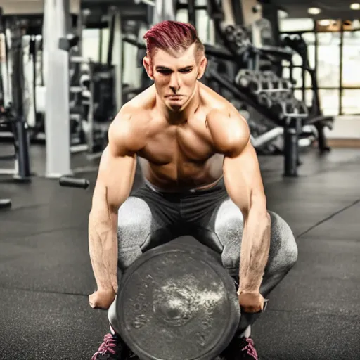 Image similar to male elf at the gym, lifting weights. ethereal beauty contrasting hard metal equipment. fantasy athlete. weight training. elven elfish elf ears elf beauty pretty boy symmetrical face good looking handsome fair fine.