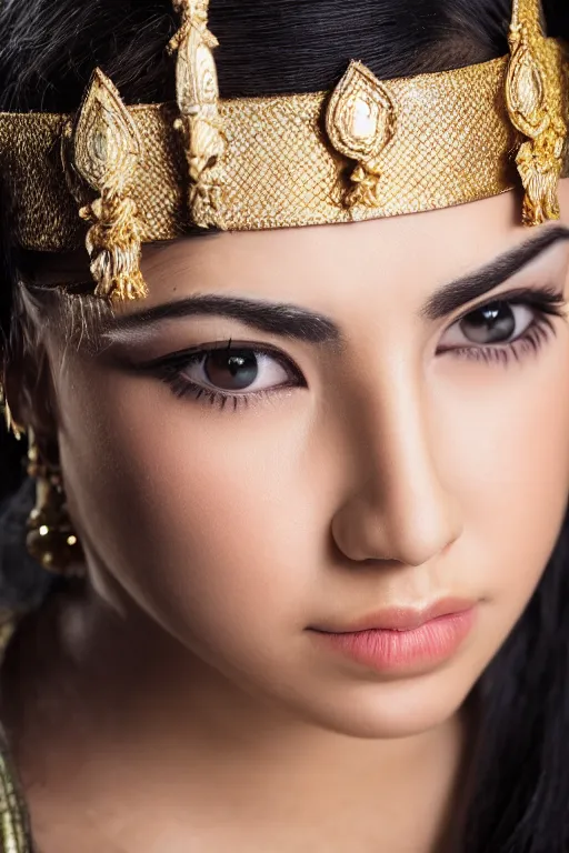 Image similar to close up headshot of young greek italian woman as ramayana, cosplay, studio lighting