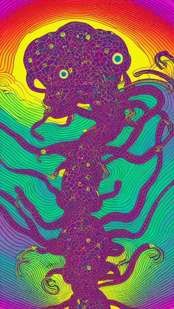 Image similar to a portrait of a lernaean hydra with human heads and psychedelic arms on an acid trip in a multicoloured rainbow in the cosmos, flat design, screen print by Kawase Hasui and alex grey, 8k unreal engine