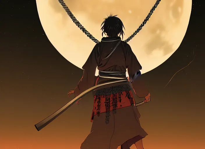 Prompt: samurai vagabond WITH A MOON BEHIND , HAS 4 HANDS ARMS AND IS WRAPPED IN CHAINS, manga,detailed, studio lighting, gradation,editorial illustration, matte print, Ilya Kuvshinov, concept art, digital