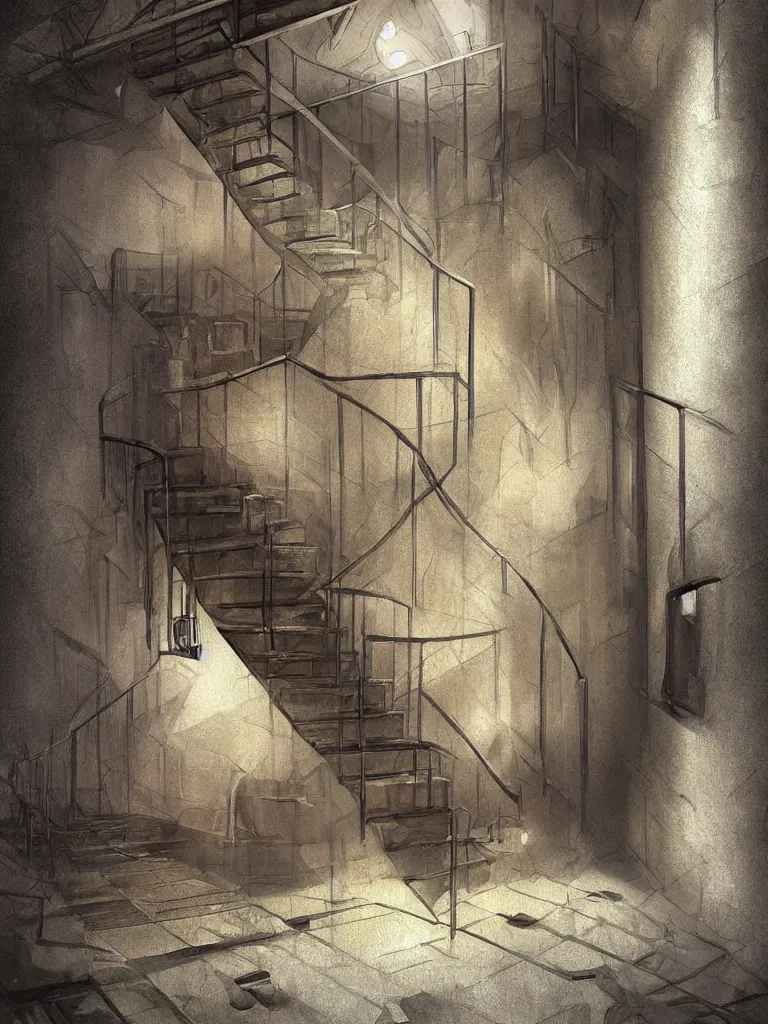 Prompt: down a basement staircase digital painting concept art smooth sharp focus hyperrealistic illustration artstati