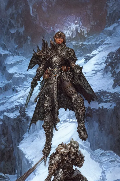 Prompt: a D&D death knight posing in front of an icy landscape, intricate, highly detailed, artstation, concept art, illustration, sharp focus, art by ralph horsley and alphonse mucha