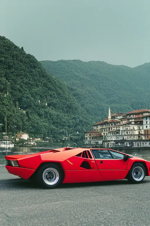 Image similar to Medium Format Portrait Photo of a Lamborghini Countach parked on a dock in Lake Como, sunny, award winning, highly detailed, depth of field, Cinestill 800t, wide shot, photo print.