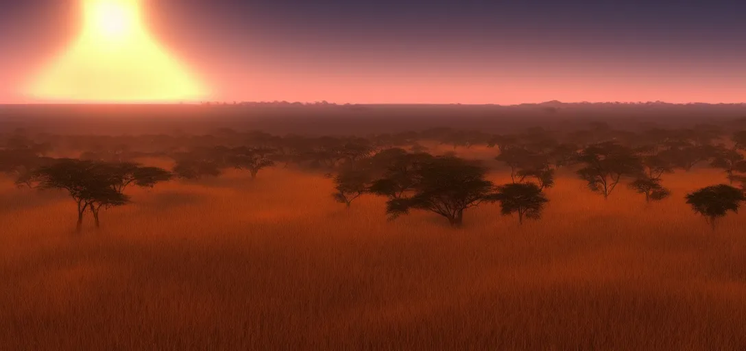 Prompt: epic view of beautiful african savannah at sunset, clear skies, there are hills in the far background distance, unreal engine, dramatic lighting, detailed, ambient occlusion, global illumination, crepuscular rays, 3 d artstation render by greg rutowski and jessica rossier