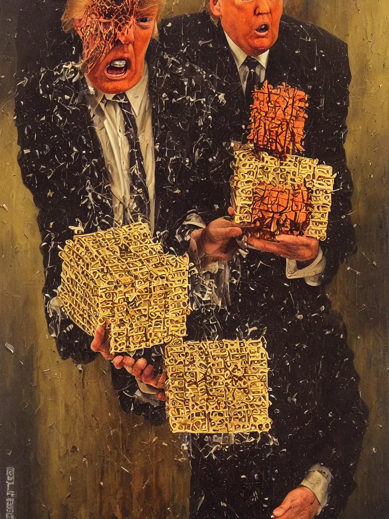 Image similar to donald trump hellraiser pinhead, holding a small box in his hands, dark gloomy hyperrealistic oil painting by james c christensen and alan bean