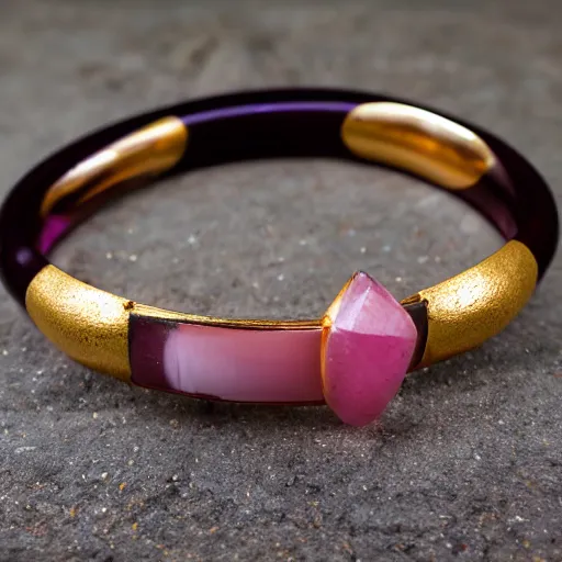 Prompt: 4K Gold collar , Single Center sinister gem pink gem, Shungite Bangle, Mineral and Gold Jewelry, Product Photography