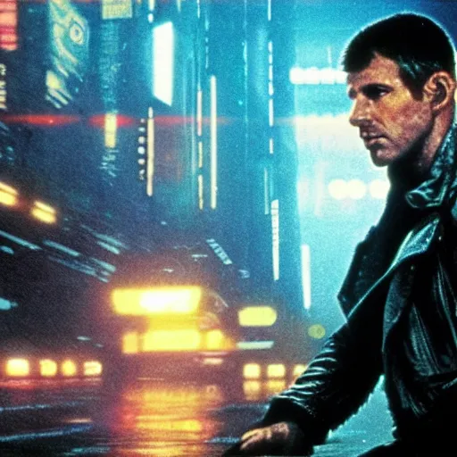 Image similar to action shot of Deckard from Blade Runner (1982) riding a bicycle neon cityscape cyberpunk rain night crowded streets