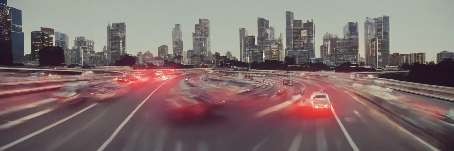 Image similar to 8 0 s neon movie still, high speed car chase on the highway with city in background, slow shutter speed, medium format color photography, movie directed by kar wai wong, hyperrealistic, photorealistic, high definition, highly detailed, tehnicolor, anamorphic lens