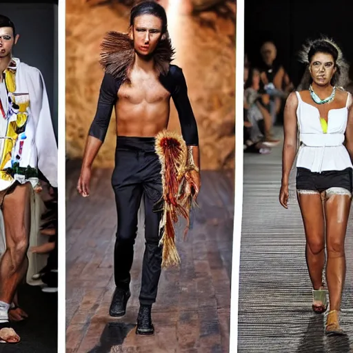 Image similar to a modern day fashion catwalk of an australian aborigine