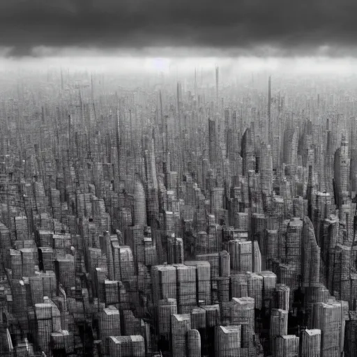 Image similar to surreal brutalist cityscape emerges from clouds below, moody, vast, uncaring