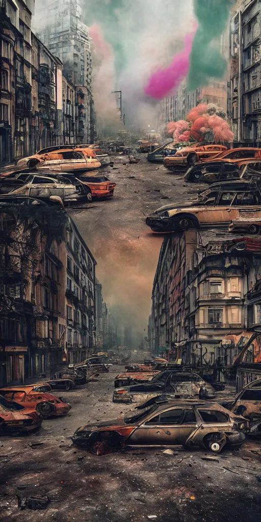 Image similar to post - apocalyptic kreuzberg streets covered in colorful smoke, burned cars, explosions, hyperrealistic, gritty, damaged, dark, urban photography, photorealistic, high details