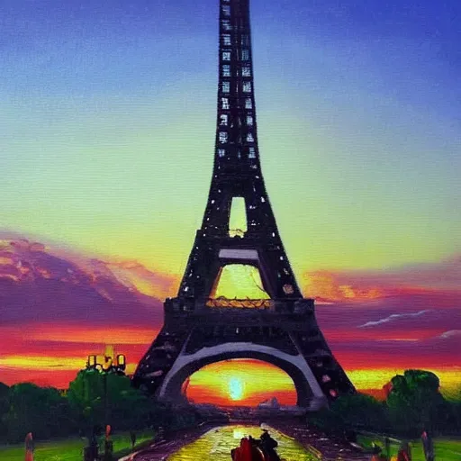 Image similar to a beautiful oil painting of a woman at the eiffel tower looking at a sunset, beautiful, romantic, detailed