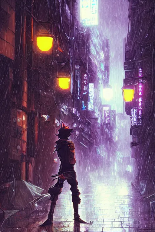 Image similar to a cyberpunk samurai in a raining cobblestone alleyway in tokyo, neon lights, full moon, fog cinematic greg rutkowski anime art jojo's bizarre adventure cowboy bebop