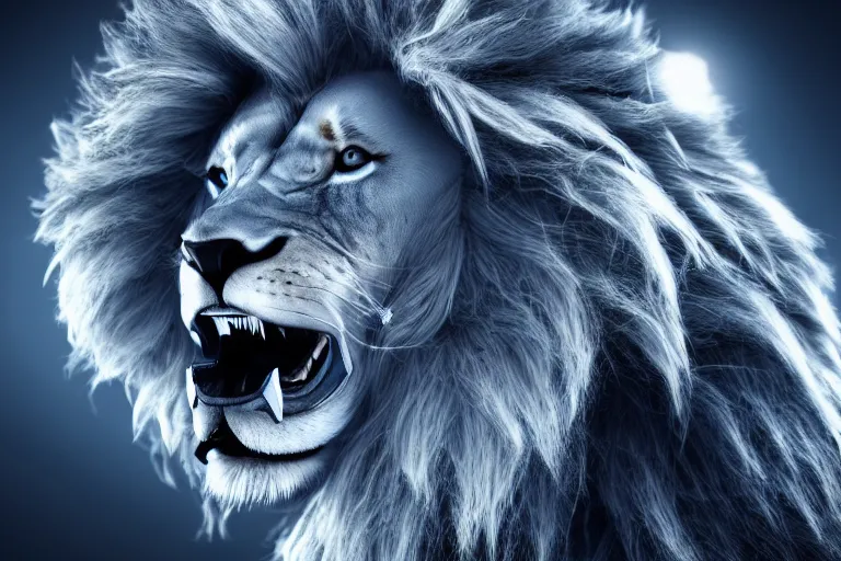 Image similar to lion, futuristic, cybernetic, metal, white blue grey, octane render, studio light,