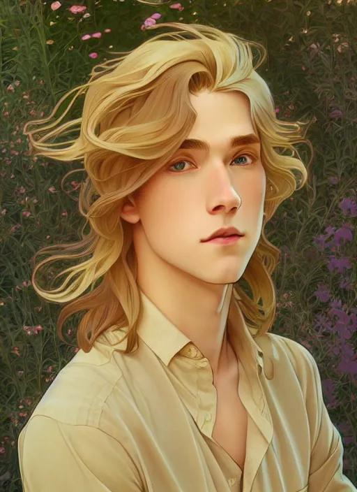 Image similar to pretty young man with shoulder length shiny shimmering golden blond hair, path traced, highly detailed, high quality, digital painting, by studio ghibli and alphonse mucha, leesha hannigan, makoto shinkai, disney