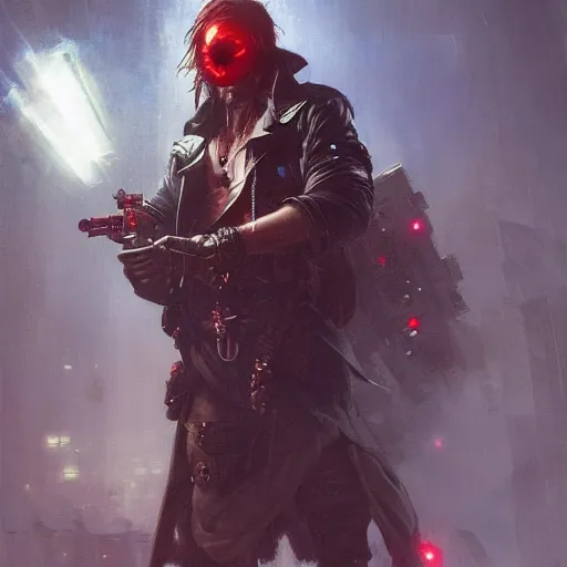 Image similar to a futuristic cyberpunk pirate with a glowing red eyepatch, upper body, sharp details, dystopian mood, sci-fi character portrait by gaston bussiere, craig mullins