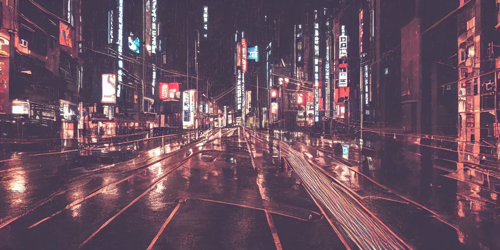 Image similar to a city street at night, raining, photograph, cyberpunk, sharp focus, intricate detail, drone shot,