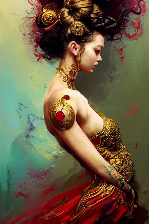 Image similar to an epic painting of a 1 9 years old girl figure, curly messy high bun hairstyle, oriental tattoos, subject wearing a gold and ruby high fashion gown, flowing, ornate, beautiful, dramatic earth colors, with few vivid green highlights, by jeremy mann and greg rutkowski, artstation, oil on canvas