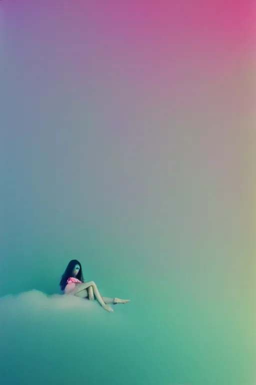 Image similar to high quality pastel coloured film photograph of a model wearing clothing resting on cloud furniture in a icelandic black rock environment in a partially haze filled dreamstate world. three point light, rainbow. photographic production. art directed. pastel colours. volumetric clouds. pastel gradient overlay. waves glitch artefacts. facial clarity. 8 k. filmic.