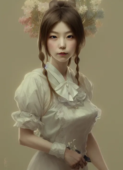 Prompt: symmetry!! portrait of a pretty japanese girl with blonde hair dressed as a french maid, elegant, highly detailed, digital painting, 8 k, concept art, smooth, sharp focus, illustration, ethereal, misty, octane render, by wlop and ruan jia and alphonse mucha